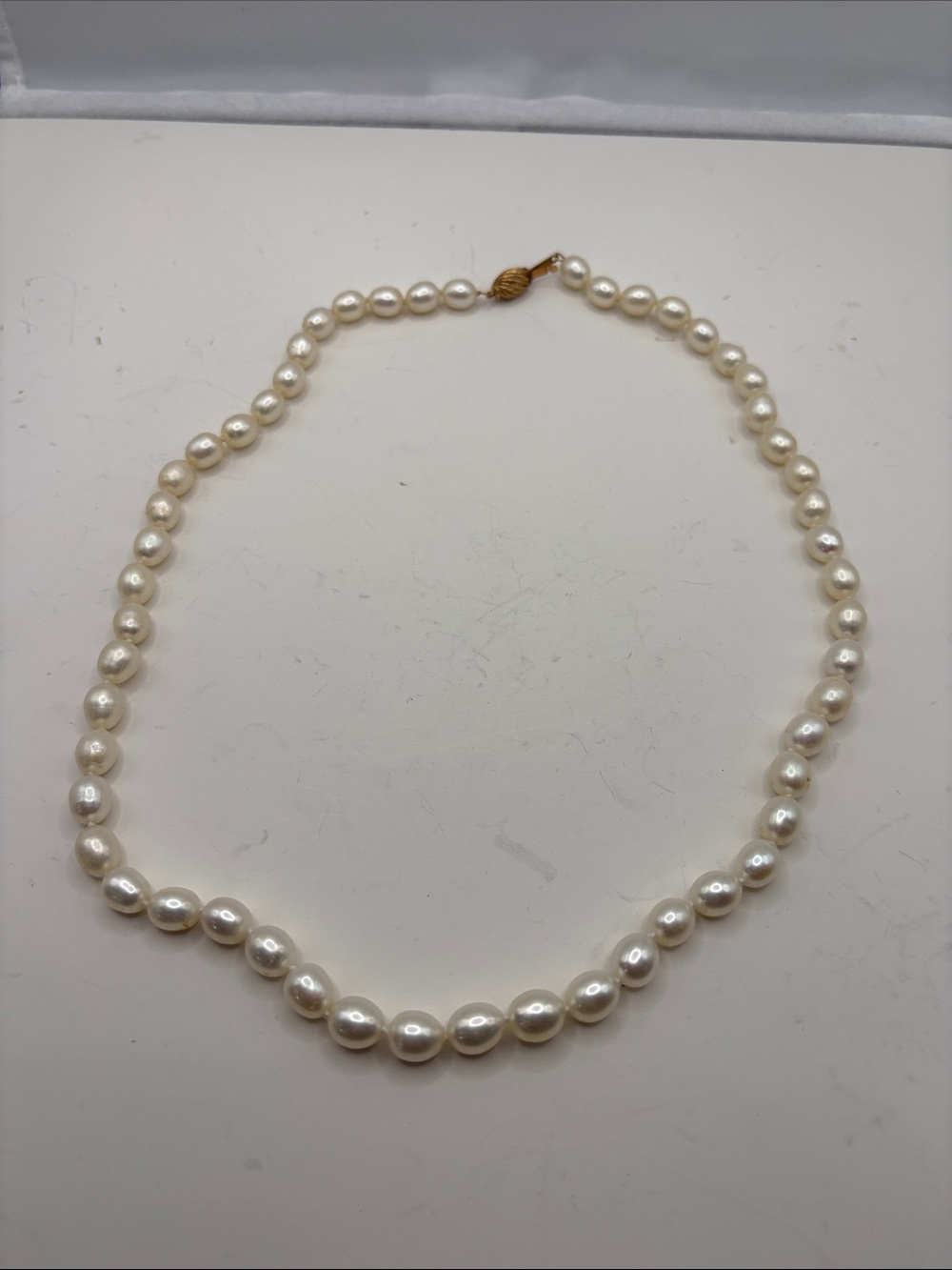 White Freshwater Pearl Necklace: 14k Yellow Gold Filigree Clasp, 20”